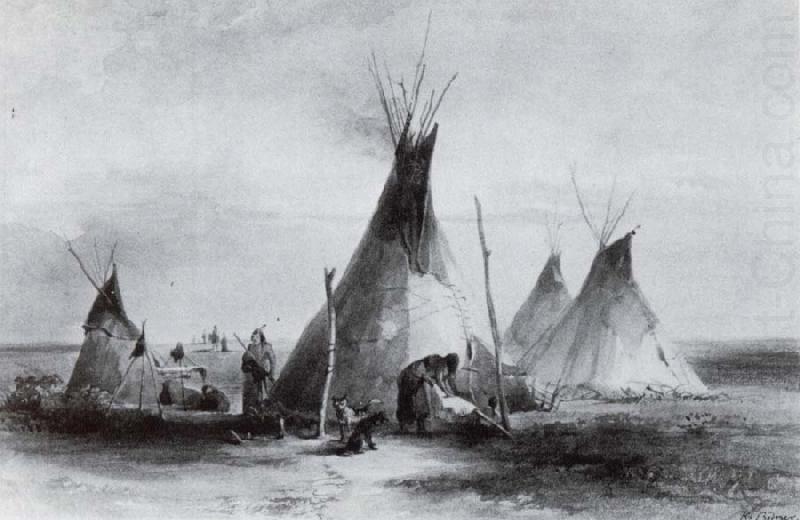 Lederzelte der Assiniboins nabe Fort, Karl Bodmer